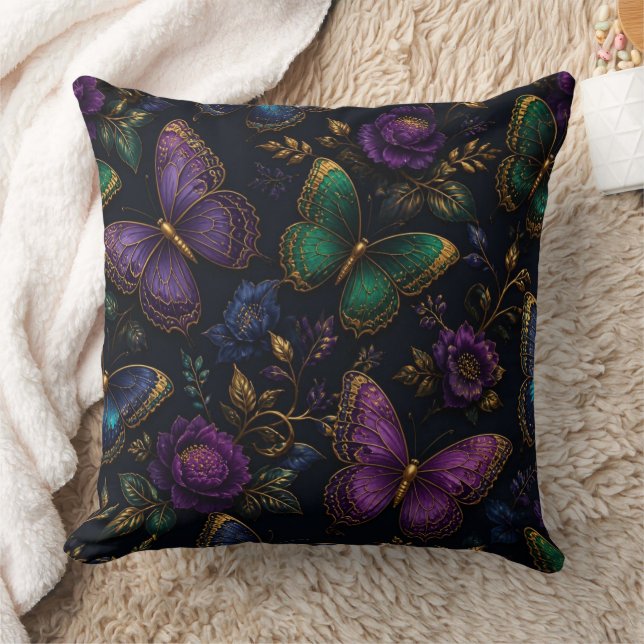 Dark Elegant Butterfly Pattern Throw Pillow (Blanket)