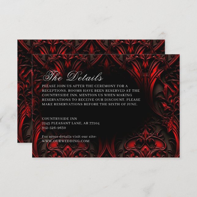Dark Elegant Red & Black Gothic Damask Wedding Enclosure Card (Front/Back)