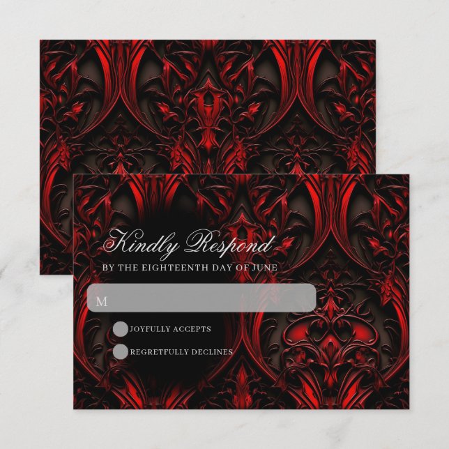 Dark Elegant Red & Black Gothic Damask Wedding RSVP Card (Front/Back)