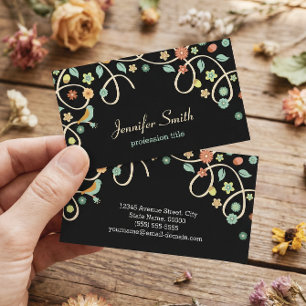 Dark Elegant Swirl Floral Tree and Bird Business Card