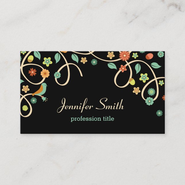 Dark Elegant Swirl Floral Tree and Bird Business Card (Front)