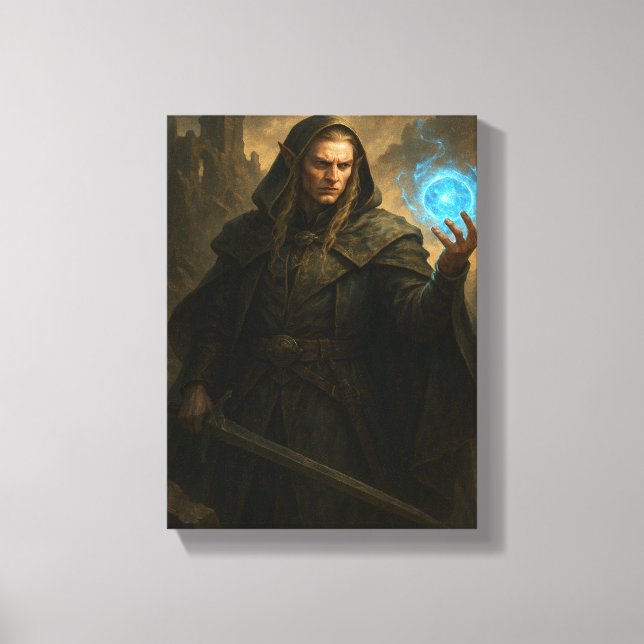 Dark Elf Mage Holding Glowing Blue Magic Orb Canvas Print (Front)