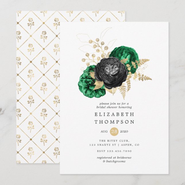 Dark Emerald and Gold Floral Bridal Shower Invitation (Front/Back)