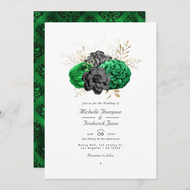 Dark Emerald and Gold Floral  QR Code RSVP Wedding Invitation (Front/Back)