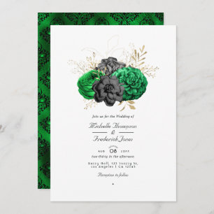 Dark Emerald and Gold Floral  QR Code RSVP Wedding Invitation