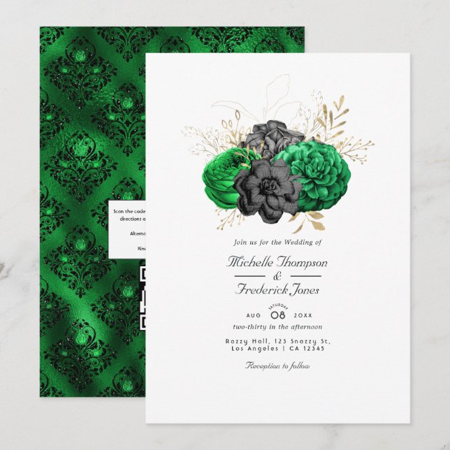 Dark Emerald and Gold Floral QR Code RSVP Wedding Invitation (Front/Back)