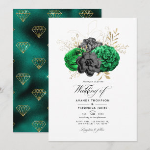 Dark Emerald and Gold Floral Wedding Invitation