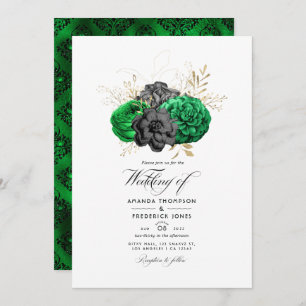 Dark Emerald and Gold Floral Wedding Invitation