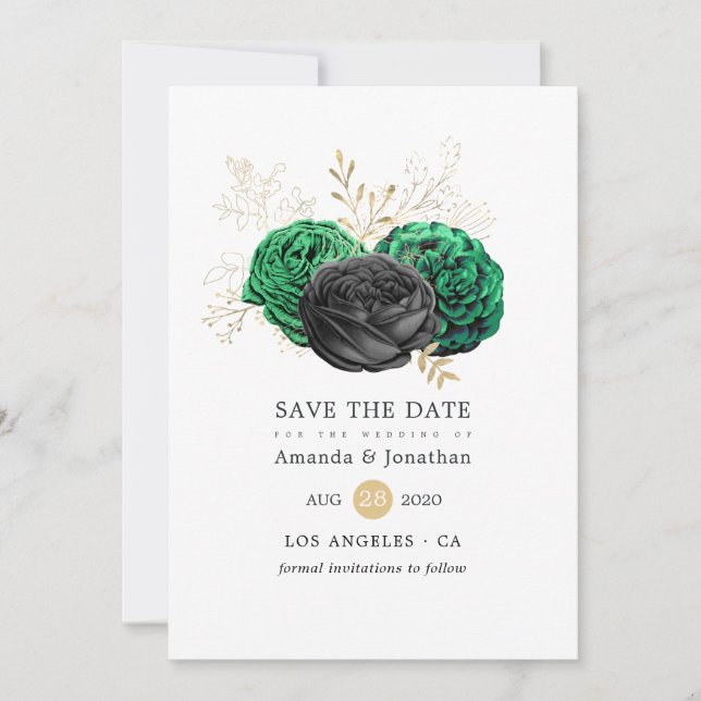 Dark Emerald and Gold Floral Wedding Save The Date (Front)