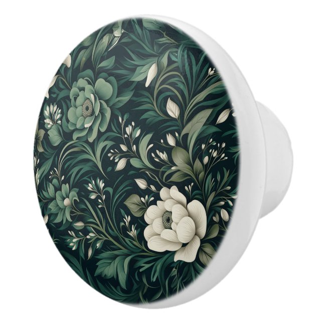 Dark Emerald Green Floral Ceramic Knob (Right)