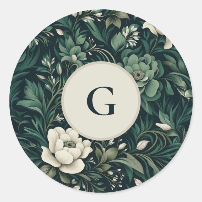 Dark Emerald Green Floral Classic Round Sticker (Front)