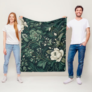 Dark Emerald Green Floral Fleece Blanket
