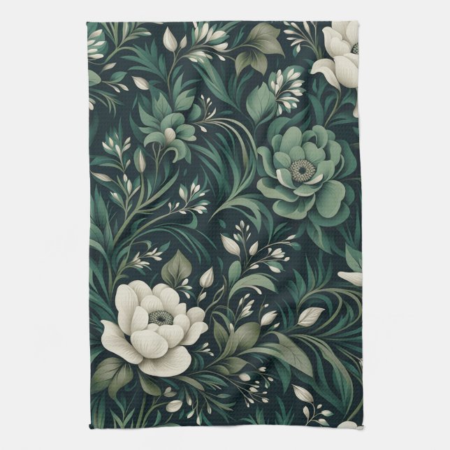 Dark Emerald Green Floral Kitchen Towel (Vertical)