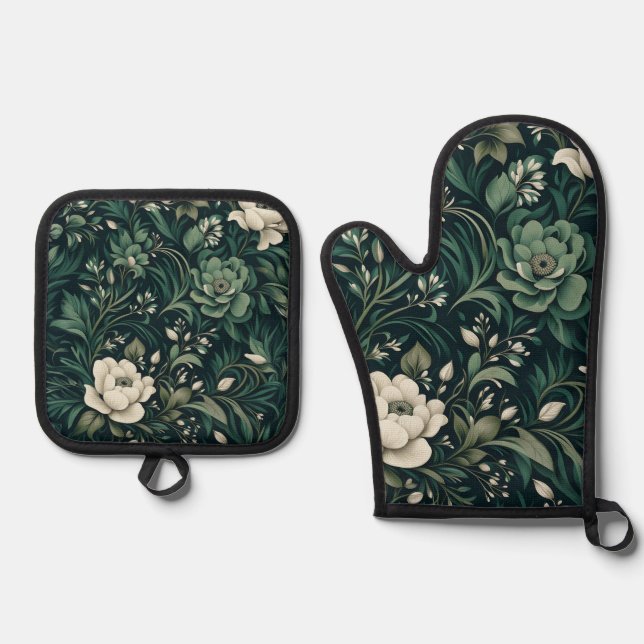 Dark Emerald Green Floral Oven Mitt & Pot Holder Set (Front)