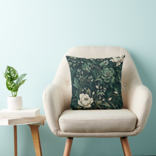 Dark Emerald Green Floral Throw Pillow