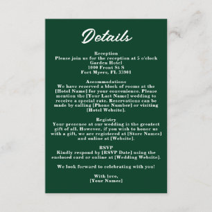 Dark Emerald Green Moody Jewel Wedding Details Enclosure Card