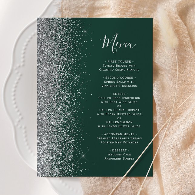 Dark Emerald Green Silver Glitter Wedding Menu (Creator Uploaded)