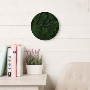 Dark Emerald Green Textured Leaves Pattern Large Clock