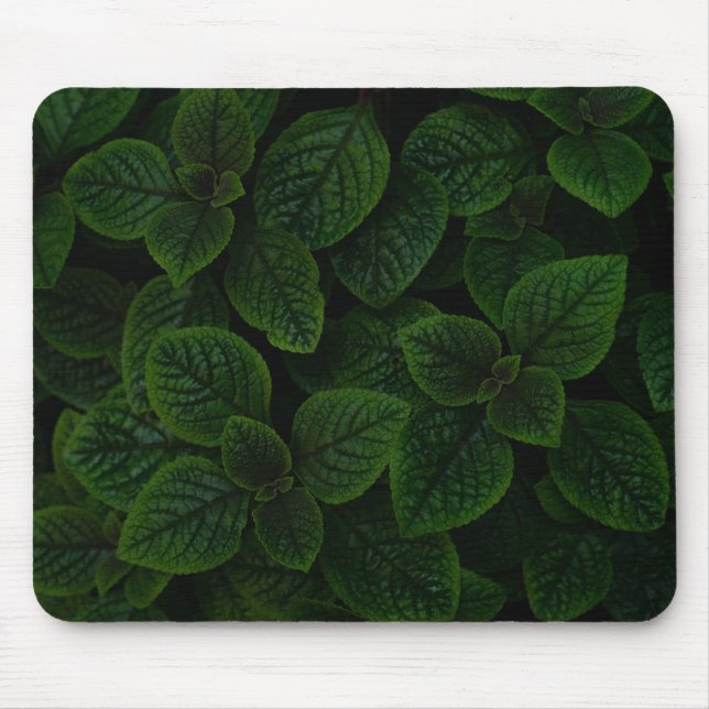 Dark Emerald Green Textured Leaves Pattern Mouse Pad (Front)