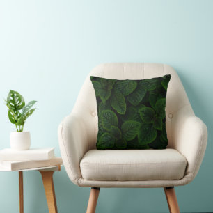 Dark Emerald Green Textured Leaves Pattern Throw Pillow