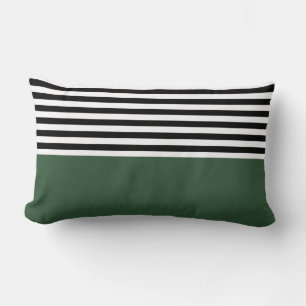 Dark Emerald Green With Black and White Stripes Lumbar Pillow