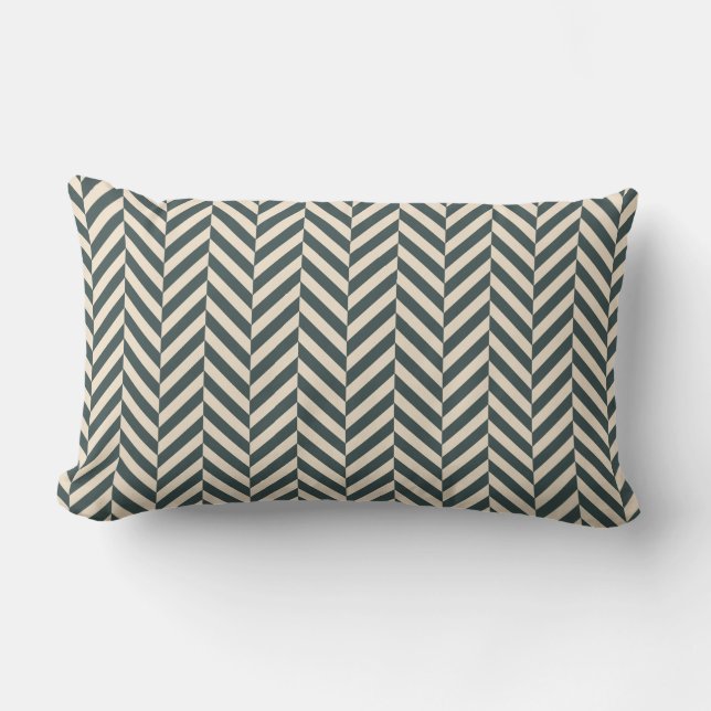 Dark Emerald Ivory Herringbone Geometric Pattern Lumbar Pillow (Front)