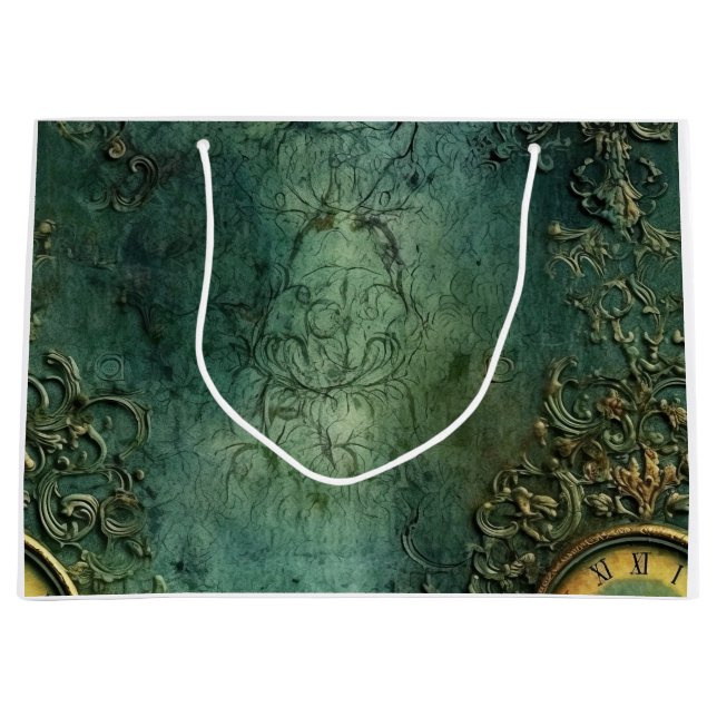 Dark Emerald Vintage Steampunk Clock Large Gift Bag (Front)