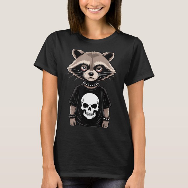 Dark Emo Raccoon With Skull Punk Style Alternative T-Shirt (Front)