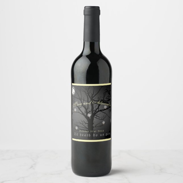 Dark Enchanted Forest Goth Halloween Wedding Wine Label (Front)