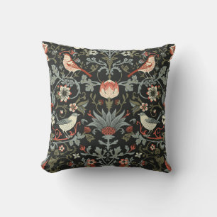 Dark Enchanted Vintage Flowers and Birds seamless Throw Pillow
