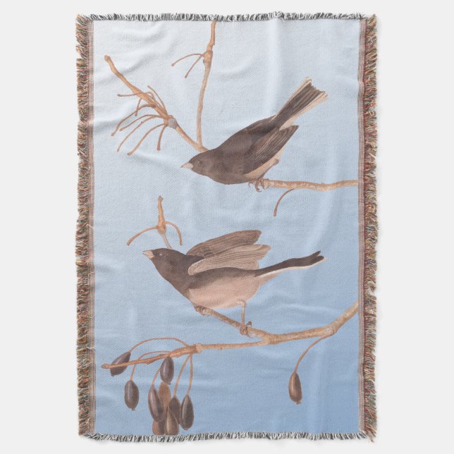 Dark-Eyed Junco Audubon Snow Birds on Bare Branch Throw Blanket (Front Vertical)