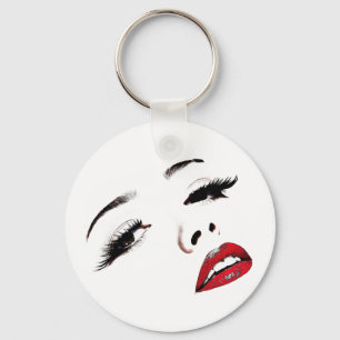 Dark Eyes Red Lips Womans Face Makeup Art Keychain