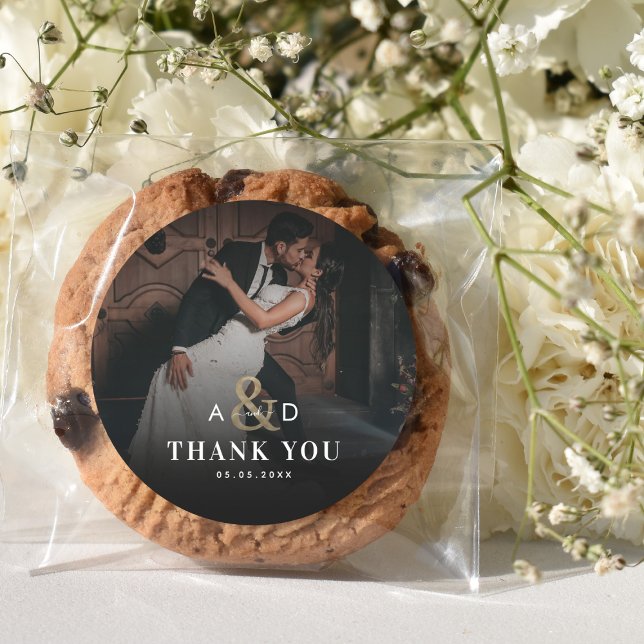 Dark Faded Photo Gold Ampersand Black Wedding Classic Round Sticker (Creator Uploaded)