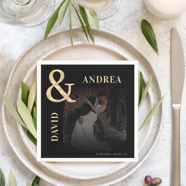 Dark Faded Photo & Gold Ampersand Black Wedding Napkin (Creator Uploaded)