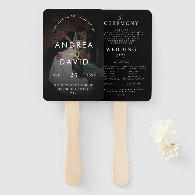 Dark Faded Photo Gold Ampersand Ceremony Program Hand Fan (Front and Back)