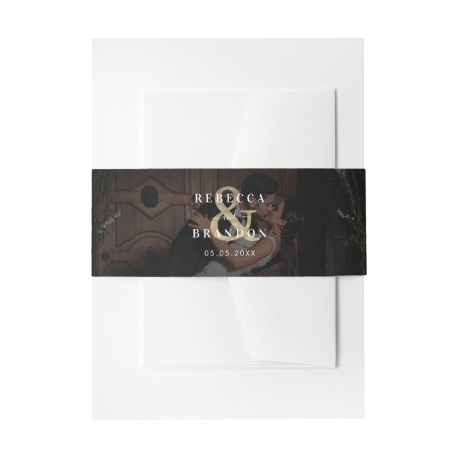 Dark Faded Photo Gold Ampersand Modern Wedding Invitation Belly Band (Front Example)