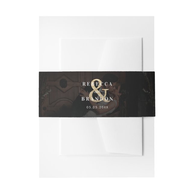 Dark Faded Photo Gold Ampersand Modern Wedding Invitation Belly Band (Front Example)