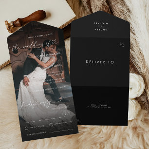 Dark Faded Photo Romantic Heart Script Wedding All In One Invitation