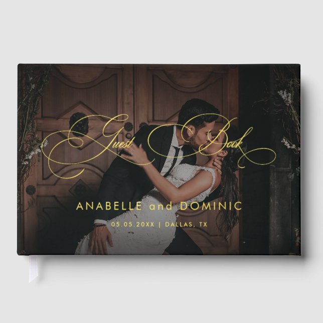 Dark Fading Photo Calligraphy Elegant Foil Wedding Guest Book (Front)