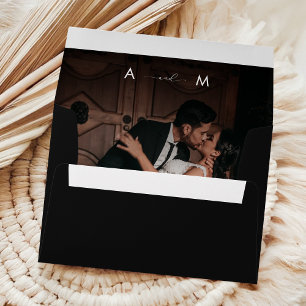 Dark Fading Photo & Monogram Elegant Black Wedding Envelope