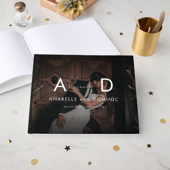 Dark Fading Photo & Monogram Elegant Black Wedding Guest Book (Front Open)