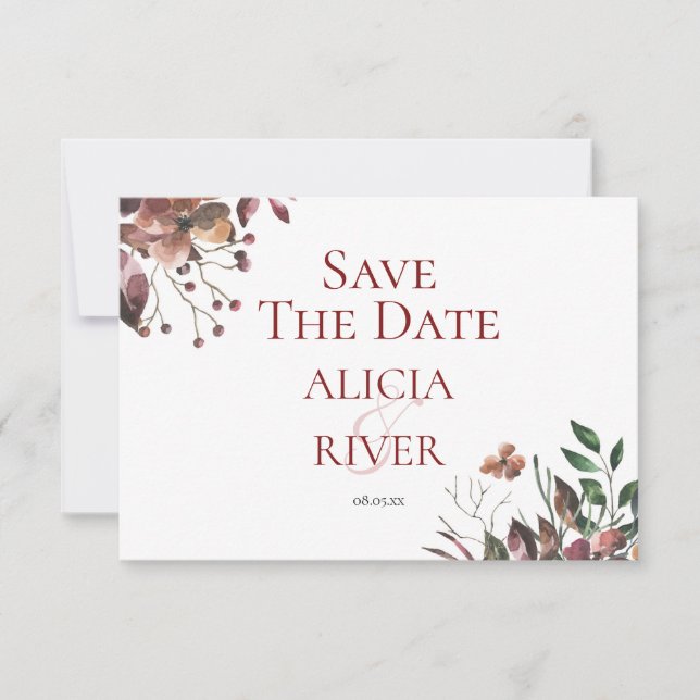 Dark Fall Floral Rustic Save the Date Card (Front)