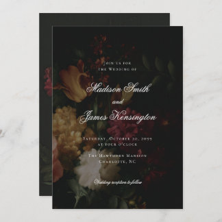 Dark Fall Flowers Calligraphy Black Wedding Invitation