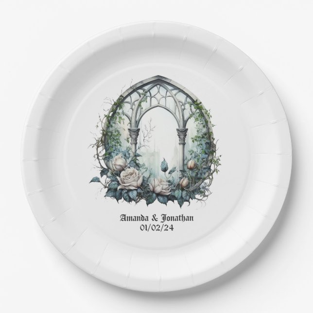 Dark Fantasy Castle Window Gothic Wedding Paper Plate (Front)