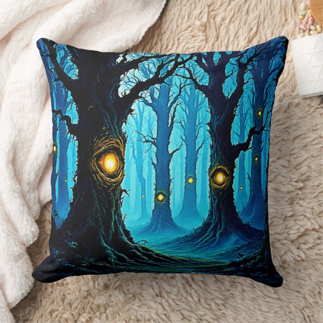 Dark Fantasy Eyeball Forest Design Throw Pillow (Blanket)