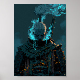 Dark Fantasy Ghost Warrior with Blue Flaming Hair Poster