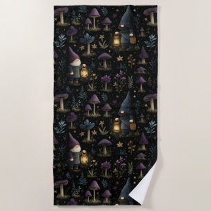 Dark Fantasy Gnome and Mushroom Pattern Beach Towel