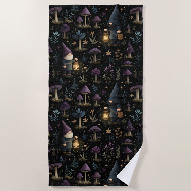 Dark Fantasy Gnome and Mushroom Pattern Beach Towel (Front)