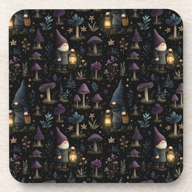 Dark Fantasy Gnome and Mushroom Pattern Coaster (Front)