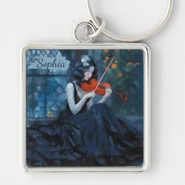 Dark Fantasy Gothic Violinist in Moonlit Garden Keychain (Front)